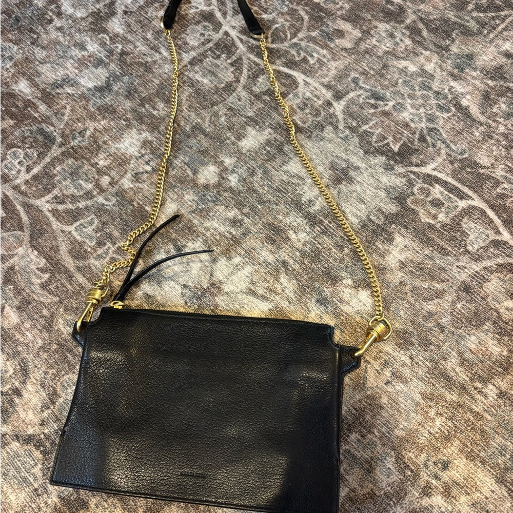 All Saints Black Leather Crossbody Bag with Gold Chain